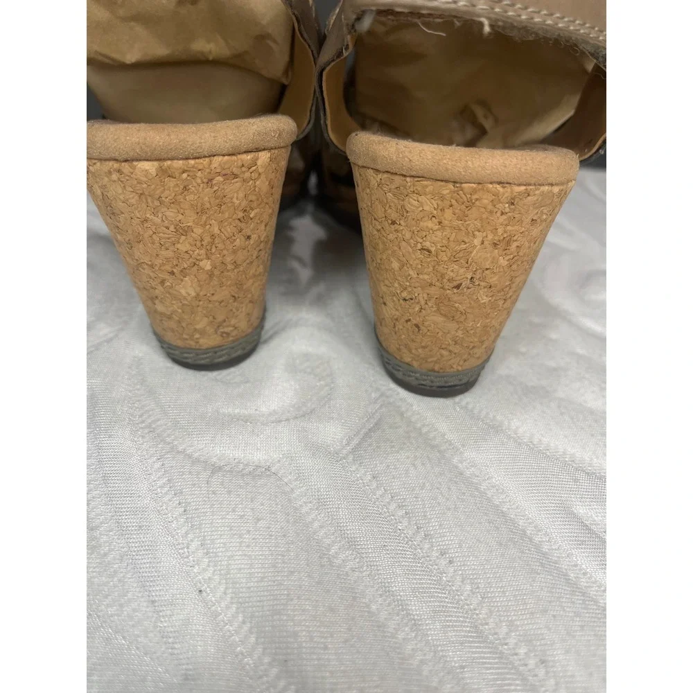 Clarks Collection Taupe Leather Lace Up Cork Wedge Sandals Womens 9 Cushion Soft